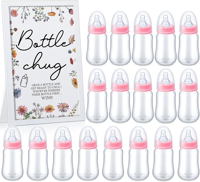 Roowest Bottle Chug Baby Shower Game Favors Including Wideflower Theme Wooden Sign and 18 Pcs Baby Bottles for Gender Reveal Party Supplies