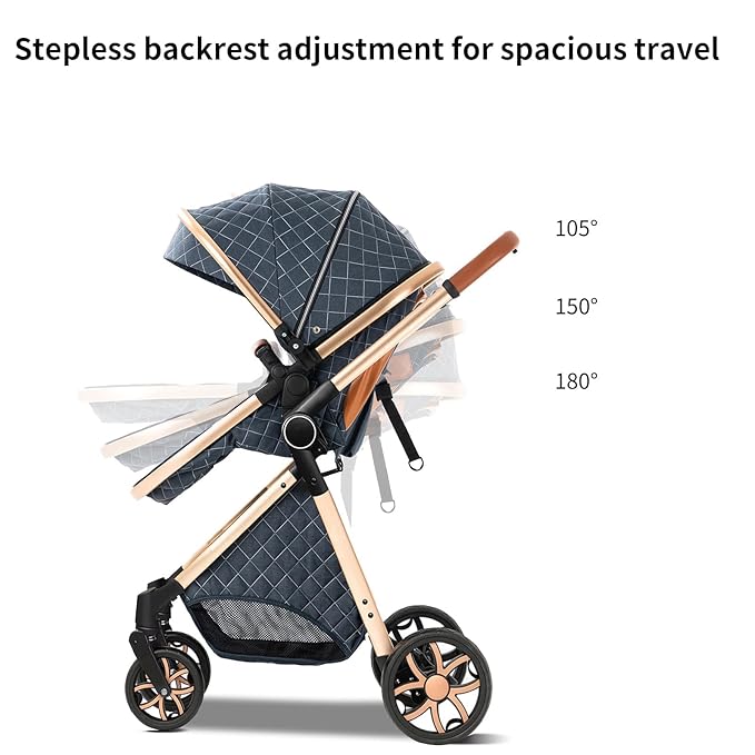 2 in 1 Baby Stroller, Convertible Pram, Reversible Standard Stroller, Portable Baby Buggy, Infant Carriage, Foldable High Landscape Pushchair for Toddler Newborn (225 Black Gold)