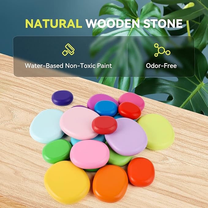 WODI Wooden Rainbow Stacking Stones 20Pcs Wood Sorting Balancing Rocks Blocks Montessori Educational Toys for Toddler Kids 3 Years Up Developing Skills