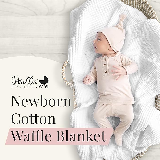 Stroller Society - Swaddles for Newborns & Toddlers, Soft Receiving Blankets Girl & Boy Can Use, Comfy Toddler Blanket & Newborn Swaddle, Cotton Waffle Blanket, White, 40 x 40 inches