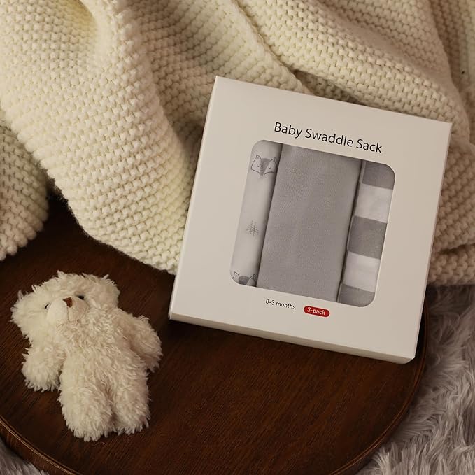 Baby Swaddle Sacks, 3-Pack Newborn Organic Cotton Swaddle Wrap, Adjustable Swaddling Blankets, Nursery Swaddling Essentials for Newborn 0-3 Months, Infant Shower Items Gift (Animals & Square)