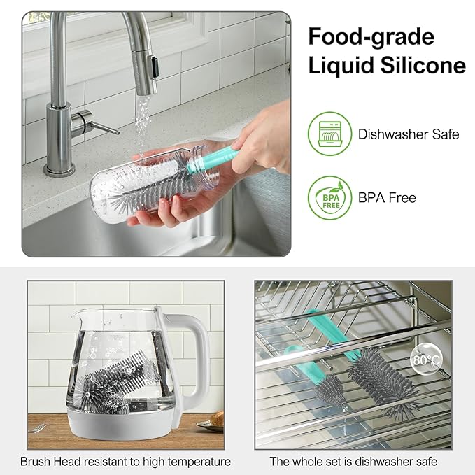 6 in 1 Bottle Brush Set,Bottle Cleaner Brush Kit with Bottle Brush,Drying Rack,Nipple Brush,Straw Brush,Soap Dispenser&Storage Box,Portable Baby Essentials for Home&Travel