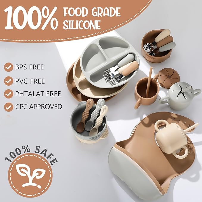 24 Pack Silicone Baby Feeding Set Baby LED Weaning Supplies Includes Suction Divided Plates Soft Bowl Spoons Forks Adjustable Bib Snack Cup and Straws(Walnut Color, Beige, Smoky Gray)