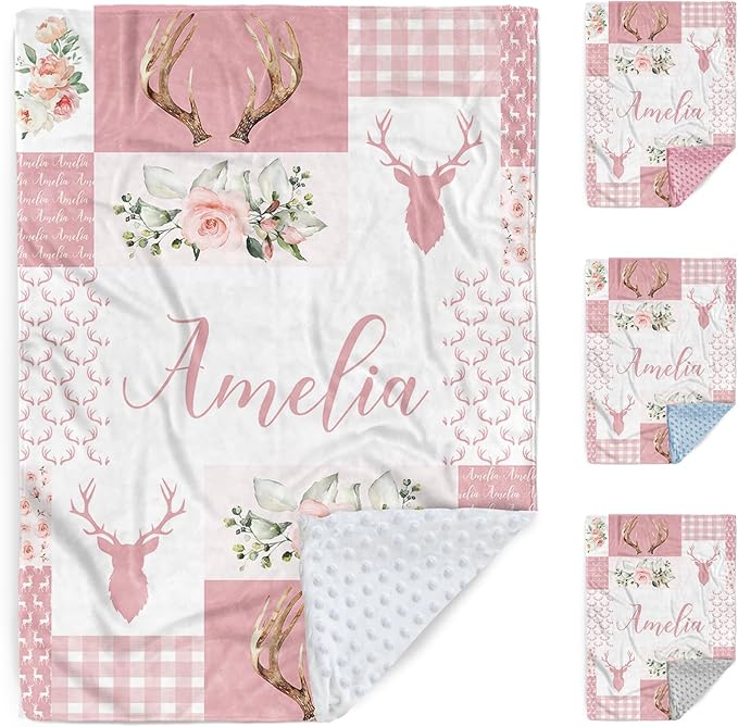 Baby Girl Blanket with Name – Personalized Pink Baby Blanket for Infant Toddler Girls, Floral Woodland Deer Flannel Receiving Swaddle, Custom Newborn Gifts for Birthday New Parents(30"x40")