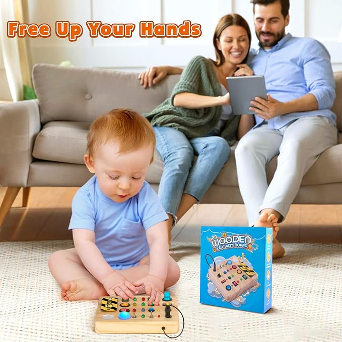 Busy Board Montessori Toys for Toddler, Wooden Sensory Board Switch Toy with Shape Sorter LED Light Up Toys Educational Plane Travel Activity for Girls & Boys