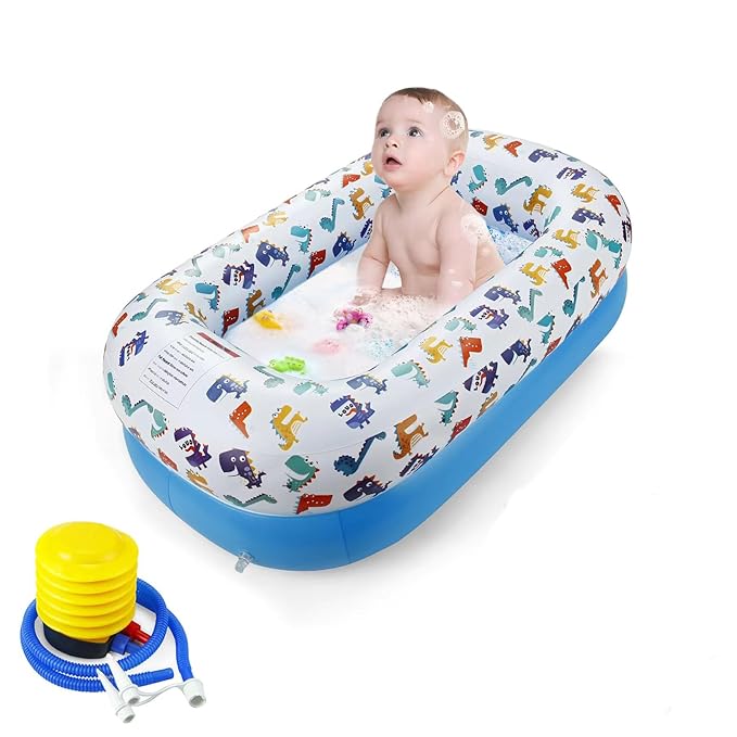 PandaEar Inflatable Dinosaur Baby Bathtub, Foldable Baby Infant Bath Tub Toddler Bathtub with Air Pump, Portable Travel Non-Slip Shower Basin Mini Air Swimming Pool for Newborn (Blue)