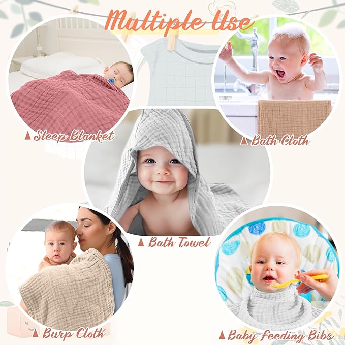 VitalCozy 12 Pcs Baby Muslin Hooded Bath Towels and Washcloths, 32 x 32 Inch Muslin Cotton Hooded Baby Towels Absorbent Hooded Blankets for Gift Newborn Infant Shower (Pink Beige Series)