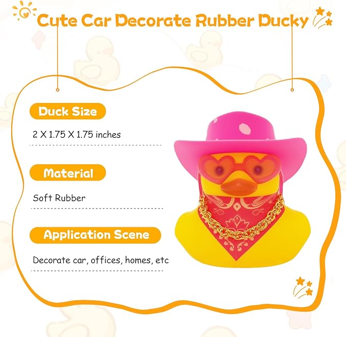 Quackly Pink Cowboy Rubber Duck, Car Dashboard Decoration Ducks with Cowboy Hat Necklace Sunglasses, Pink White