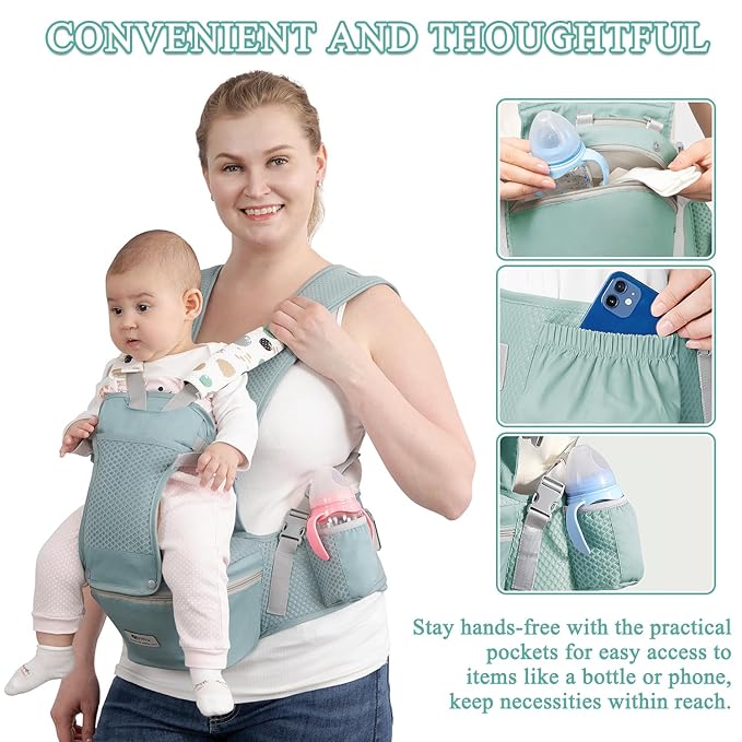 Baby Carrier with Hip Seat for Newborn to Toddler, 6-in-1 Ergonomic Infant Carrier for 0-36 Month Baby, All Positions Soft Breathable Mesh Wrap Carrier with Waist Stool, Easily Adjustable Baby Holder