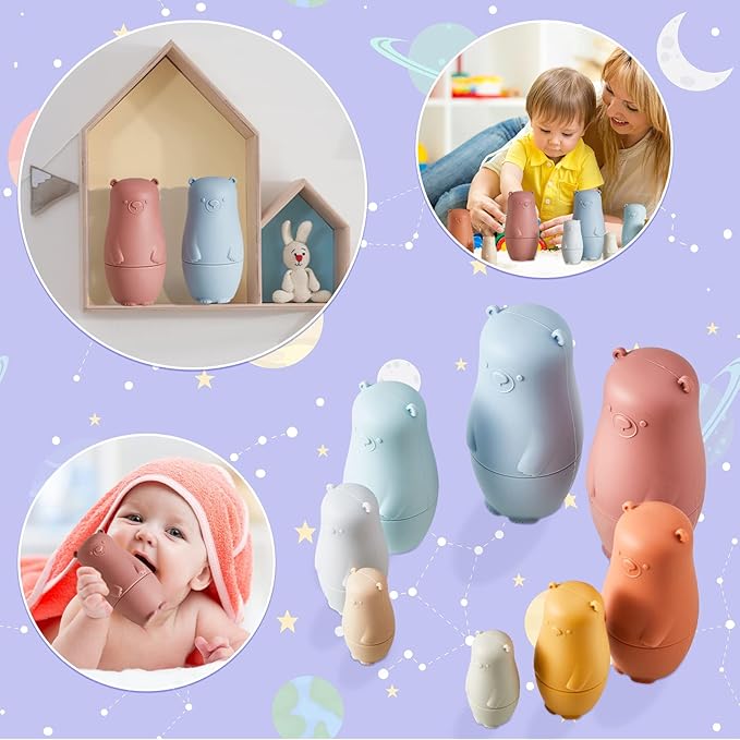 Chivao 8 Pieces Russian Nesting Dolls Silicone Matryoshka Doll Educational Stacking Nesting Dolls for Toddlers Vivid Food Grade Baby Teether for Kids, Gift for Kids(Bear)