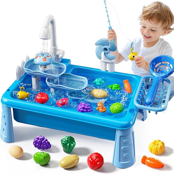 Water Table Play Sink Toy for Kids 2 3 4 5 6 Years Old - Outdoor Kitchen with Running Water, Fishing Games, Toddler Water Play Table for Kids Ages 3-8, Beach Outdoor Toys, Summer Gifts(Blue)