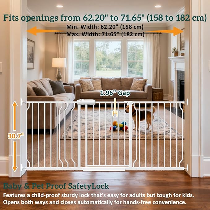 Extra Wide Baby Gates for Doorways 62.20"-71.65" Extra Wide Baby Gate Dog gate Pressure Mounted No Drilling with Walk-Through, Auto-Close & Dual-Direction Swing for Large Wide Opening White