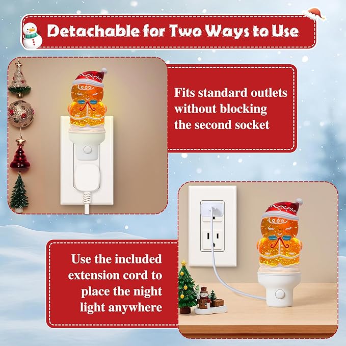 Christmas Night Light Plug into Wall Glitter Water Nightlight with USB/Outlet Options, Christmas Gingerbread Decorative Nightlight for Bedroom Kitchen Nursery Holiday Decorations Gifts (Gingerbread)