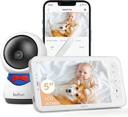 BOIFUN 5" Baby Monitor, 1080P WiFi Baby Camera Via App and Screen Control, Night Vision, 2-Way Talk, Cry& Motion Detection, Record & Playback, Lullabies, Phone App, Works with iOS, Android
