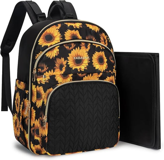 KABAQOO Baby Diaper Bag Backpack, Waterproof Diaper Backpack for Mom & Dad with Changing Pad, Insulated Pockets and Stroller Straps, Baby Shower Gifts for Girls & Boys, Sunflower