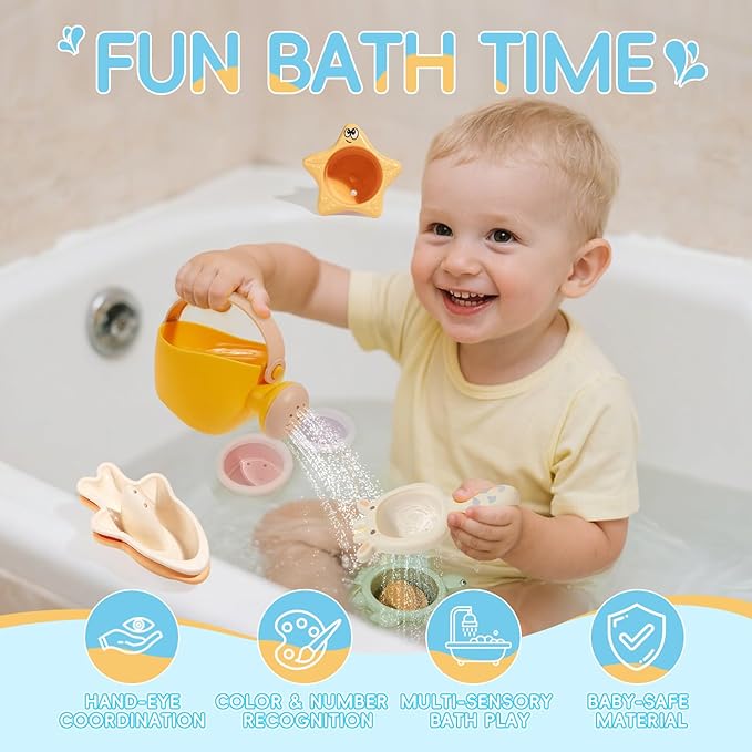 Bath Toys for Kids Ages 1-3, 16PCS | Easy-Clean & Mold Free Bath Toys for Babies with Stacking Cups | Watering Can, Bath Boats & Spoon with Storage Bag, Bathtub Water Sand Pool Toys for Toddler Gifts