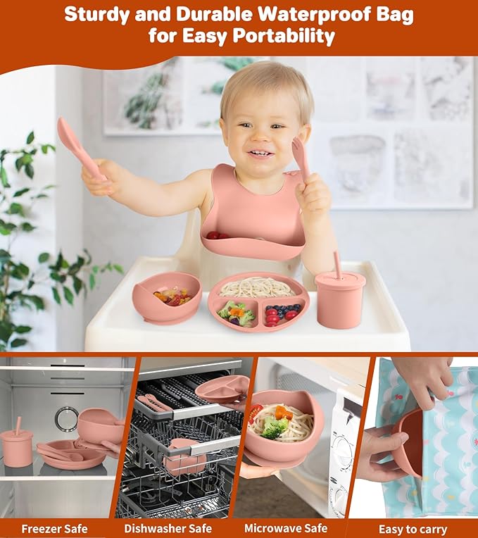 ECLIP Silicone Baby Feeding Set, 10 Pcs Baby Eating Essentials with Suction Bowl Divided Plate Adjustable Bib Soft Spoon Fork Snack Cup with Lid Drinking Cup, Utensil (Brick Red)