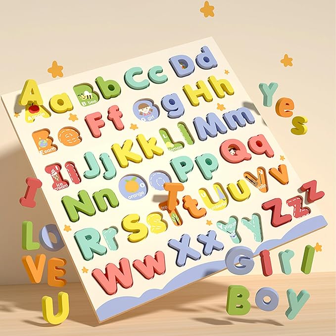 Alphabet Puzzles for Toddlers, ABC Puzzle Toys Wooden Montessori Early Learning Board Preschool Educational Easter Gift for Girls Boys Kids Ages 3+