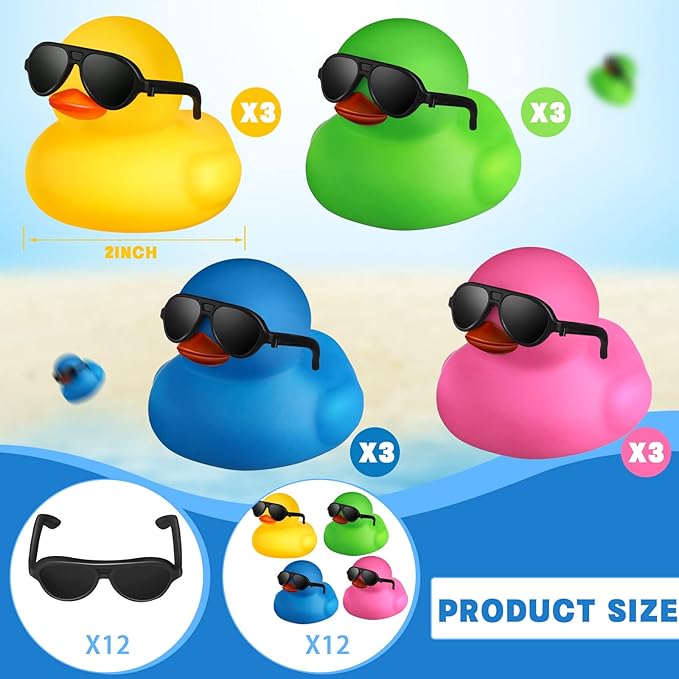 Chivao 12 Pcs Rubber Ducks with 12 Sunglasses/ Hats/ Headwear Small Mini Carnival Cruise Birthday Rubber Duckies Bathtub Toys in Bulk(Duck with Sunglasses,Multicolor)