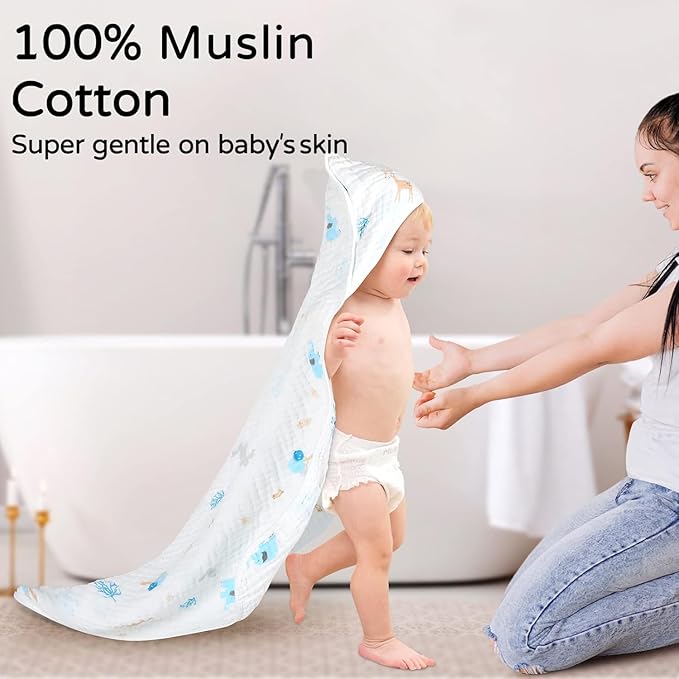 Yoofoss Hooded Baby Towels for Newborn 2 Pack 100% Muslin Organic Cotton Baby Bath Towel with Hood for Babies, Infant, Toddler and Kids, 32x32Inch, Soft and Absorbent Newborn Essential,Alpaca&Elephant