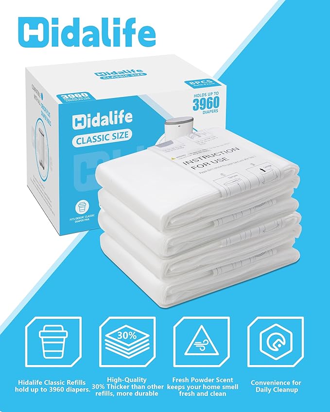 HIDALIFE Refills Compatible with Dekor Classic Diaper Pails, Disposable Diaper Trash Bags, Extra Thick Diaper Pail Refill Liners, Hold Up to 3960 Diapers (8 Pack)