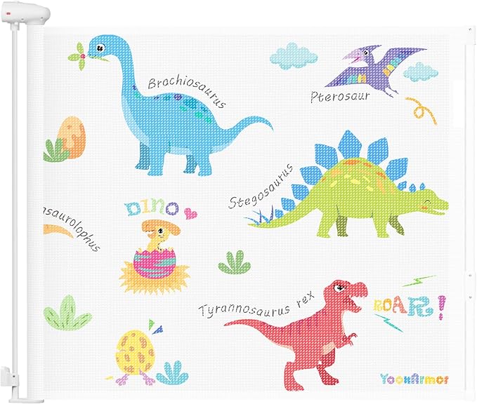 Retractable Baby Gate for Doorways and Stairs, Mesh Safety Gate for Pet, Indoor & Outdoor Use, One-Hand Operation, Easy Installation, 34" Tall, Expands to 55" Wide (Dinosaurs, 34"x55")