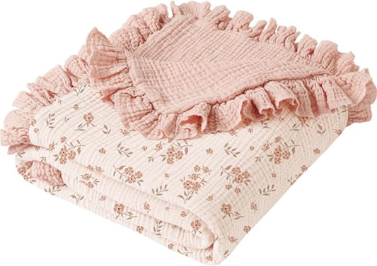 Konssy Flounce Muslin Baby Blankets, Cotton Crib Blanket for Baby Infant Toddler, Super Soft and Lightweight Nursery Blankets 40"x36" (Blossom)