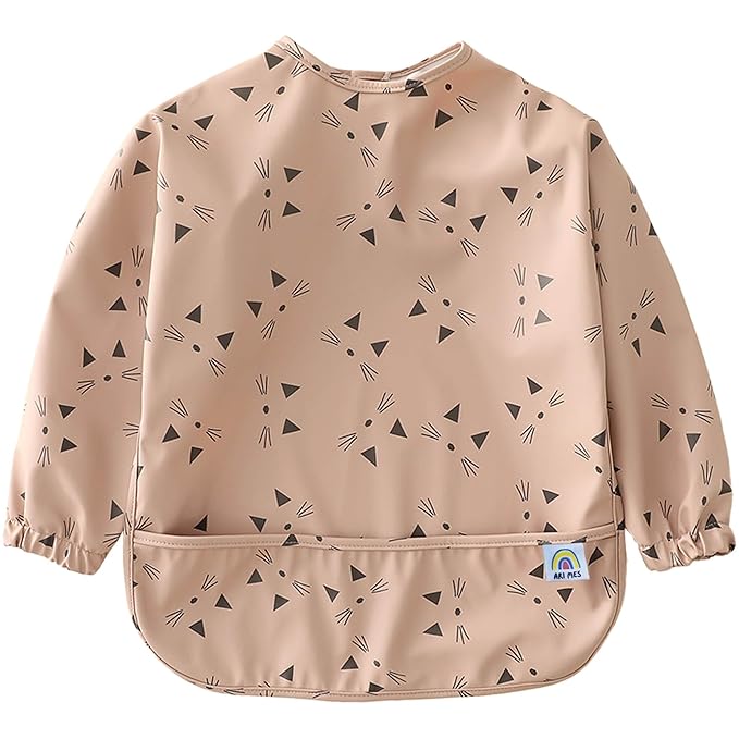 ARI MES Long Sleeves Waterproof Baby Bibs for Eating - Kitty Cats, Large- Wearable, Coverall for Toddler, Long Sleeve Bib, Smock Apron for Feeding - Applicable for 6-72 Months