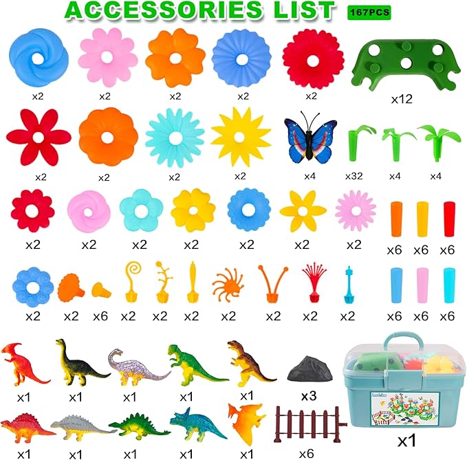 Toys Gifts for Toddlers Boys Girls Age 3 4 5 6,167 PCS Dinosaur Flower Garden Building Blocks,STEM Fine Motor Skill Stacking Games,Christmas First 1st Birthday Gifts for Preschool Kids 3+ Years Old