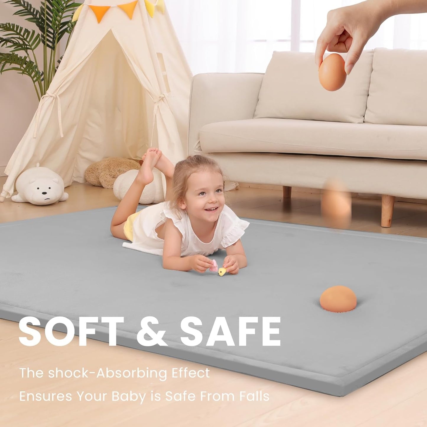 Baby Play Mat for Floor,1.3" Thick Elasti-Foam 74×50 Playpen Mat for Toddlers Infant Kids,Water-Repellent Soft Coral Velvet for Tummy Time, Non-Slip Backing for Crawling,Tatami Style(Light Grey)