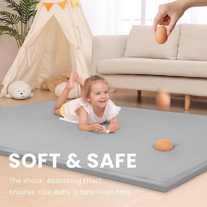 Baby Play Mat for Floor,1.3" Thick Memory foam Tummy Time Mat,79"×158“ Extra Large Soft Velvet Nursery Rug,Non Slip Safe for Crawling,Toddlers,Infants,kids,Tatami Style for Living Room(Light Grey)