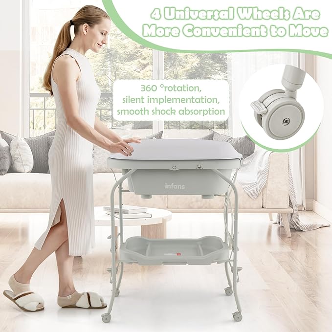 INFANS 2 in 1 Baby Changing Table with Bath Tub Unit, Folding Diaper Dresser Station with Wheels Waterproof Pad Storage Rack, Portable Nursery Organizer Stand for Newborn Infant (Light Grey)