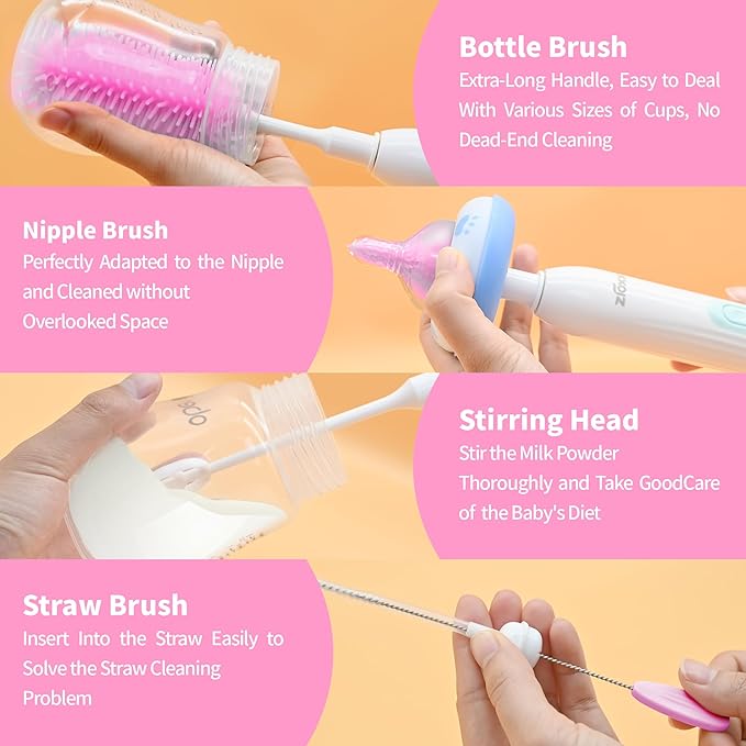Electric Bottle Brush Cleaner, Portable Electric Baby Bottle Brush Cleaner for Travel, Rechargable Travel Bottle Cleaner Kit with Nipple & Straw Brush, Perfect Mom Essentials After Birth Gift, Pink