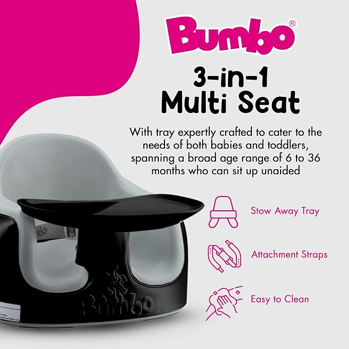 Bumbo 3-in-1 Multi-Seat for 6 to 36 Months, Travel Baby Feeding & Play Floor Seat, All-in-One Portable Booster with Tray & Toddler High Chair, Black/Cool Grey