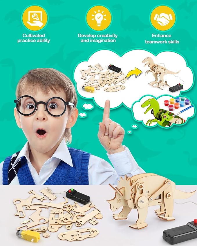 Poraxy Dinosaur Toys, 4 in 1 STEM Kits for Kids Age 8-10, Toys for Ages 8-13, Educational Science Building Projects, 3D Wooden Puzzles Robot Crafts, Gifts for Boys Girls 7 8 9 10 11 12 13 Year Old