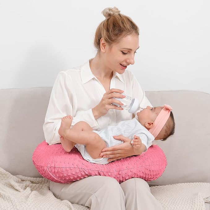 Nursing Pillow and Positioner, Breastfeeding, Bottle Feeding, Baby Sitting Support with Removable Ultra Soft Cover, Tummy Time Support for Baby Boys and Girls (StrawberryRed)