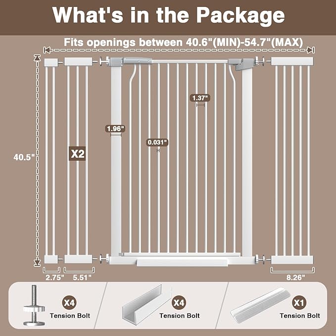 41" Extra Tall Dog Gate for Doorways and Stairs No Drill, Adjustable 40.6-54.7'' Auto Close Pet Gate Indoor, Pressure Mounted Walk Through Swing Wide Baby Gate, Tall Cat Gate with Expansion Kit, White