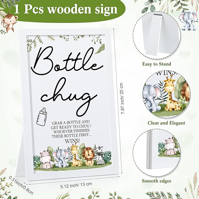 Roowest Bottle Chug Baby Shower Game Favors Including Safari Animals Theme Wooden Sign and 18 Pcs Baby Bottles for Gender Reveal Party Supplies