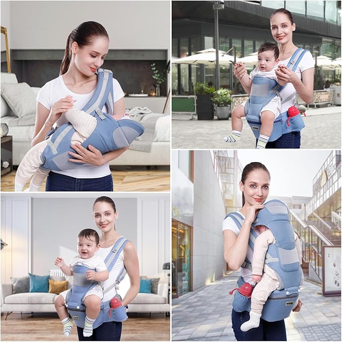 Baby Carrier with Hip Seat, for 0-48 Month Baby, Soft Baby Carrier Newborn to Toddler, 15-in-1 Ways to Carry, Adjustable Size with Sunshade, Windproof & Storage Functions (Blue)