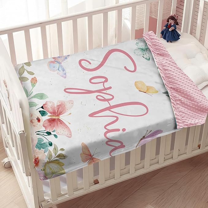 Personalized Baby Blanket for Girls, Custom Baby Blankets with Name, Soft Flannel Double Layer Receiving Swaddle Blanket, Pink Butterfly Monogram Birthday Gifts for Toddlers Infants (60"x80")