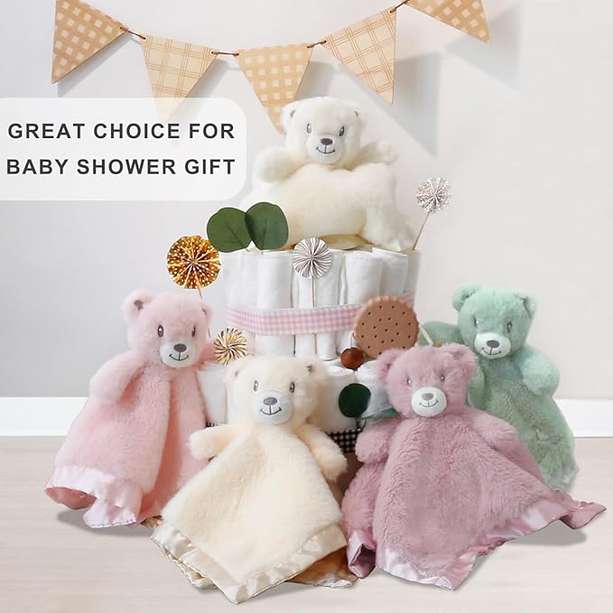 Baby Bear Security Blanket Soft Minky Baby Lovey Animal Plush Blanket Unisex Lovie Gift for Toddler, Boys and Girls, 13.5 Inch Pink