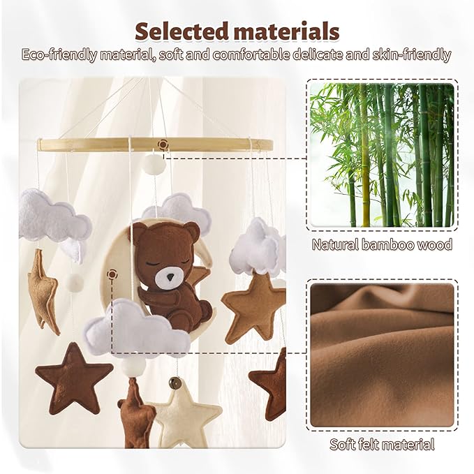 Baby Mobile for Crib - Animal Crib Mobile With Music for Girls and Boys, Wooden Bed Bell Hanging, Nursery Mobile for Bassinet Room Decor (Bear)