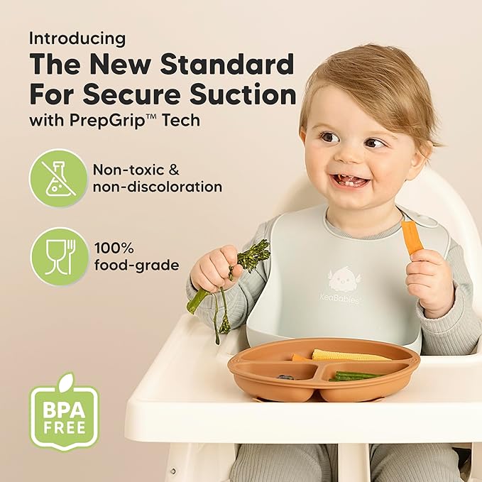 KeaBabies Suction Plates for Baby, Toddler - 3-Pack 100% Silicone Toddler Plates with Suction, Divided, BPA-Free Baby Led Weaning Essentials for Kids, Dishwasher, Microwave Safe, Durable (Terracotta)