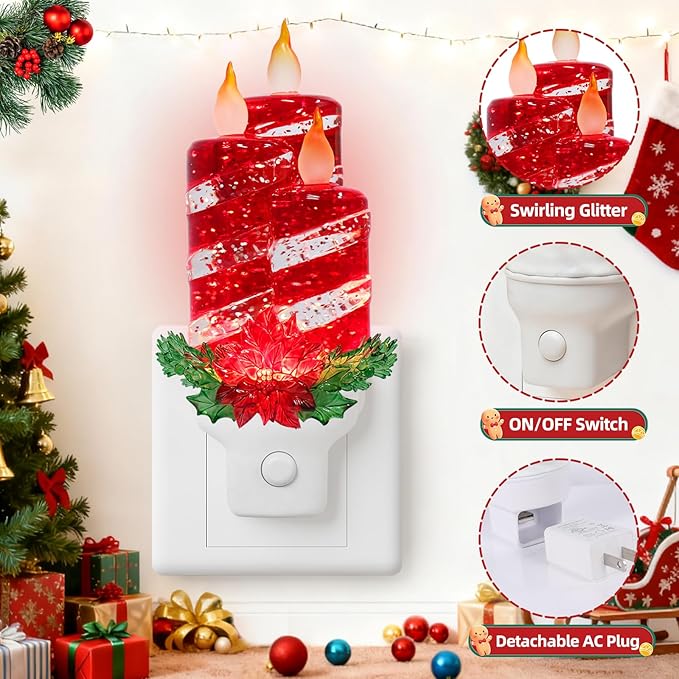 Christmas Candle Night Light Plug into Wall Swirling Glitter USB Portable Christmas Decorative Night Light Decoration for Kids Adults Bedroom Kitchen Living Room Holiday Decor (Red Candles)