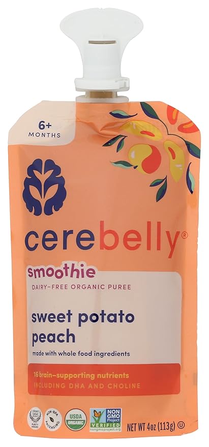 Cerebelly Organic Baby Food Pouches – Organic Sweet Potato Peach Pouch Protein, Healthy Fats, Non-Gmo Baby Food Meals 4 Ounce Bpa-Free Toddler Purees, 1 Count