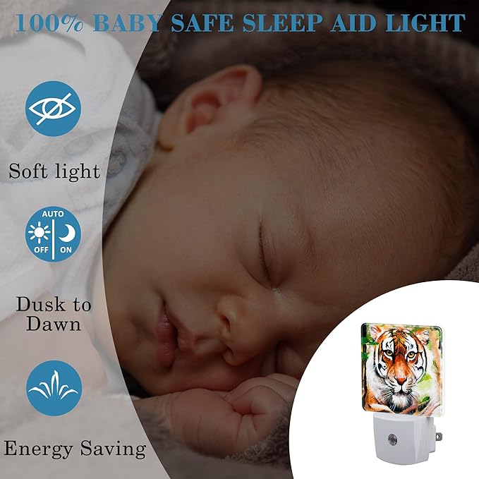 Plug in Night Lights Oil Painting Tiger in Jungle Nightlight Plug Into Wall Dusk to Dawn Sensor LED Night Light for Kid Girls Boys Women Room Decor,Hallway,Kitchen,Bathroom,Nursery,Stairs