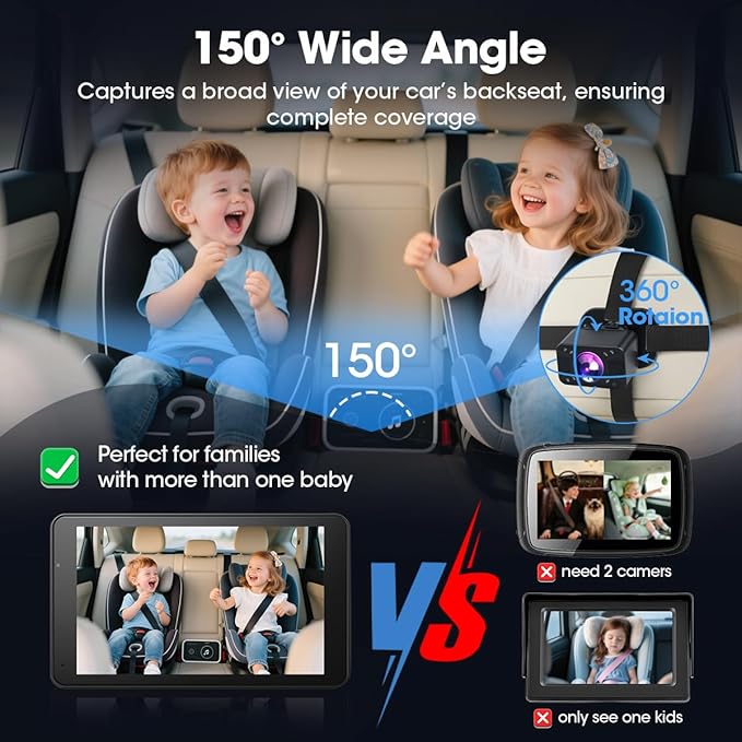 Baby Car Camera 7" AHD Car Baby Monitor with with Apple CarPlay & Android Auto 1080P Car Camera for Baby with Ultra Night Vision 150° Wide Angle, Invisible Infrared Lights【Limited-Time】