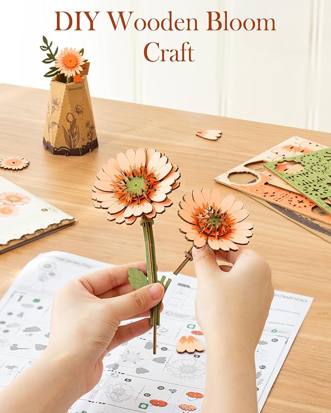 3D Flower Wooden Puzzles for Adults-Gerbera Daisy, DIY Wooden Flowers Model Kit Building Set Crafts for Adults to Build, Botanical Collection/Ideal Creative Gift Ideas/Housewarming (105PCS)