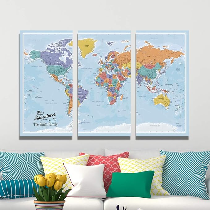 3 Panel - Personalized Canvas Blue Oceans Large Travel Map of the World