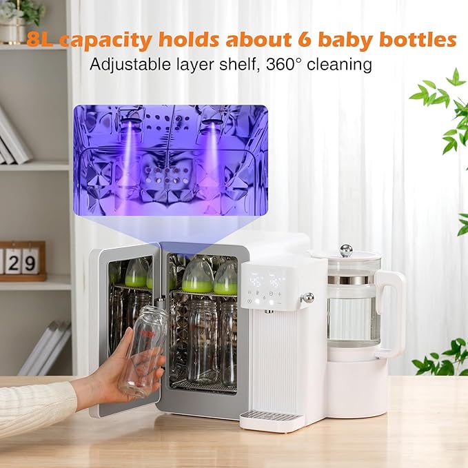 UV Sanitizer and Dryer 6-in- 1 Sanitizing Machine for Baby Bottles ，1.5L Formula Maker with Night Light 4 Temperature Control 24H Keep Warm 72H Storage